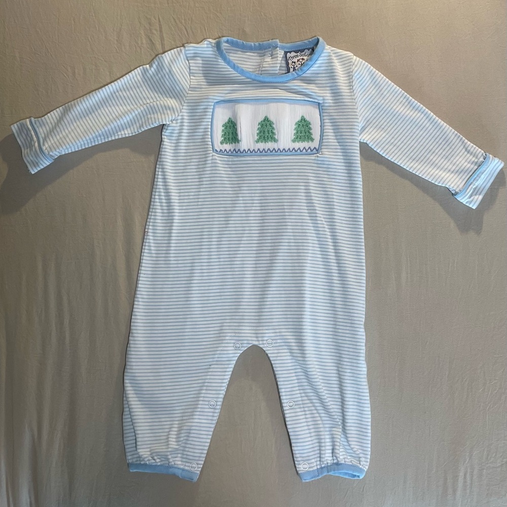 6-9 months baby jumpsuit 
Blue and white strips with 3 tree smock